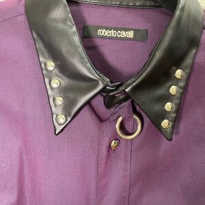 Roberto Cavalli Purple Men's Shirt with Black Leather Collar